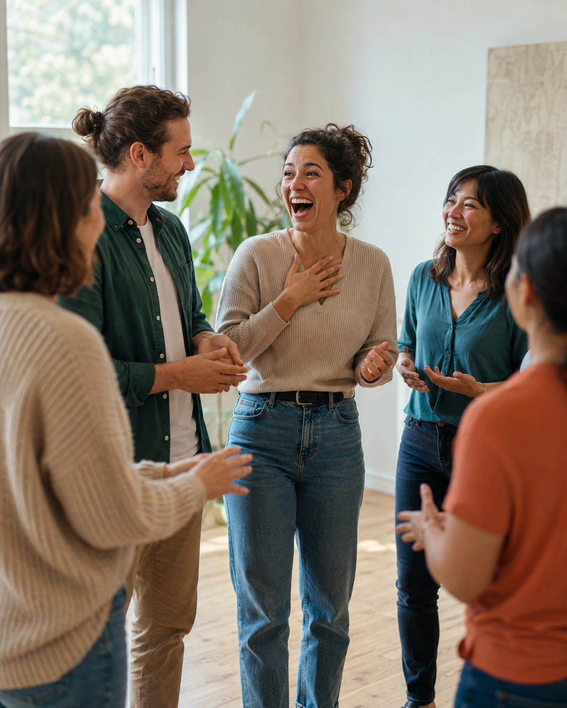 Participants standing in a workshop circle and sharing a spontaneous laugh