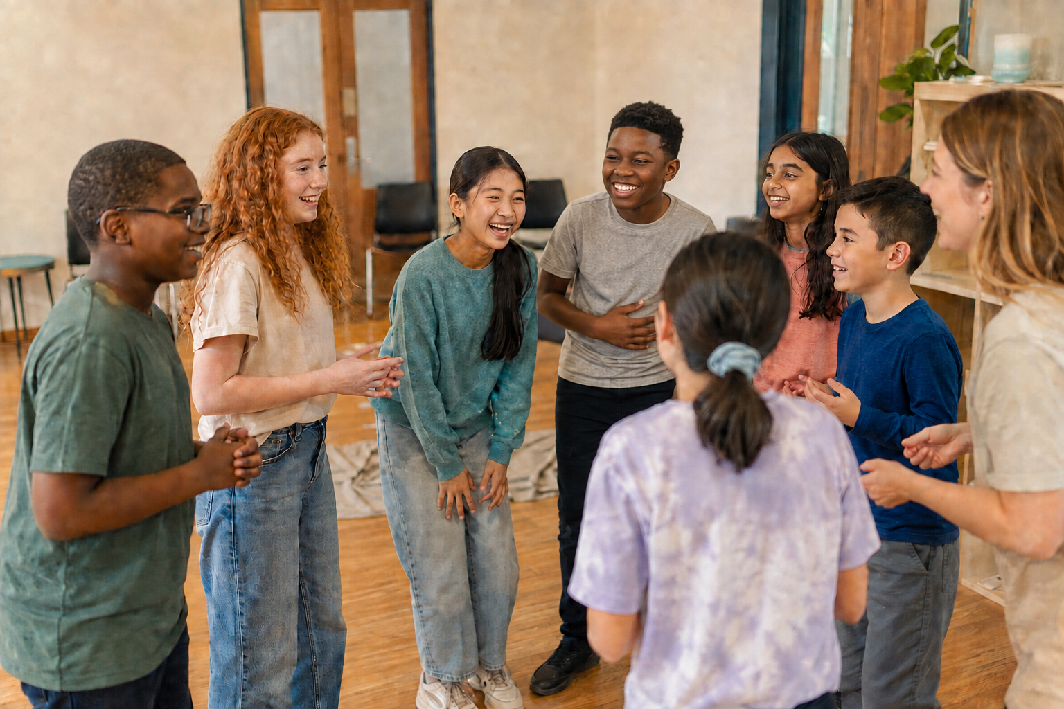 A diverse group of young people laughing together during a joyful indoor activity