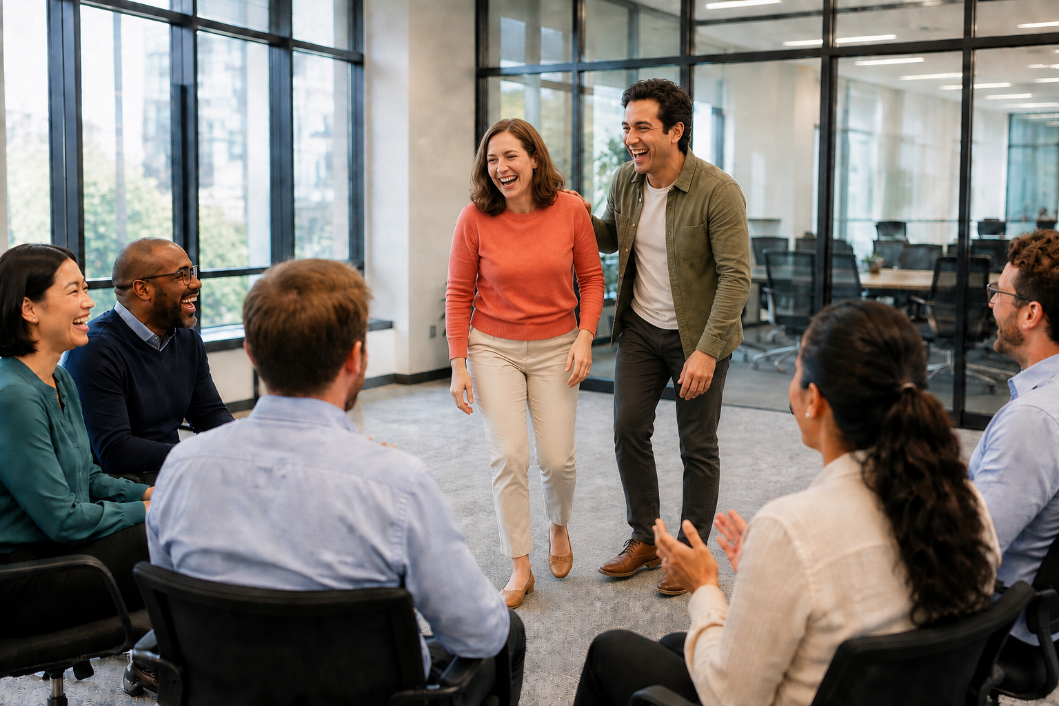 Two coworkers laughing together as they begin returning to their seats after an improv scene